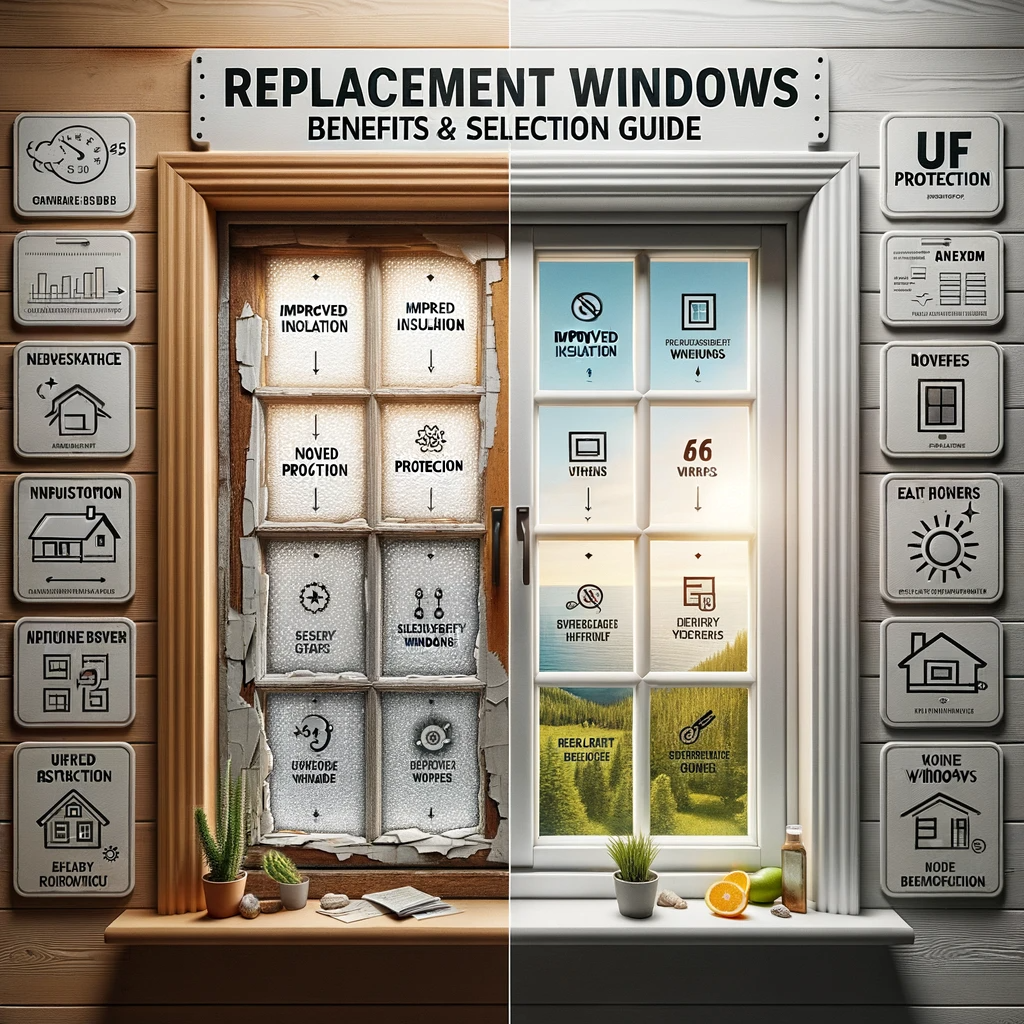 Comparison of old and new replacement windows with labeled benefits